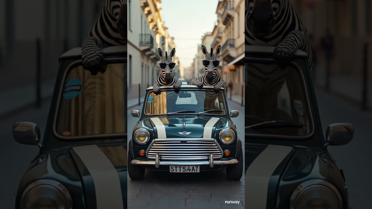 Zebras wearing sunglasses, driving a Mini Cooper 