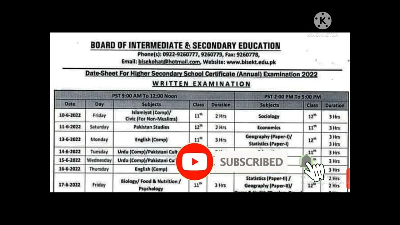 Bise Kohat FA FSC ICS Date Sheet 2022 Annual Exam