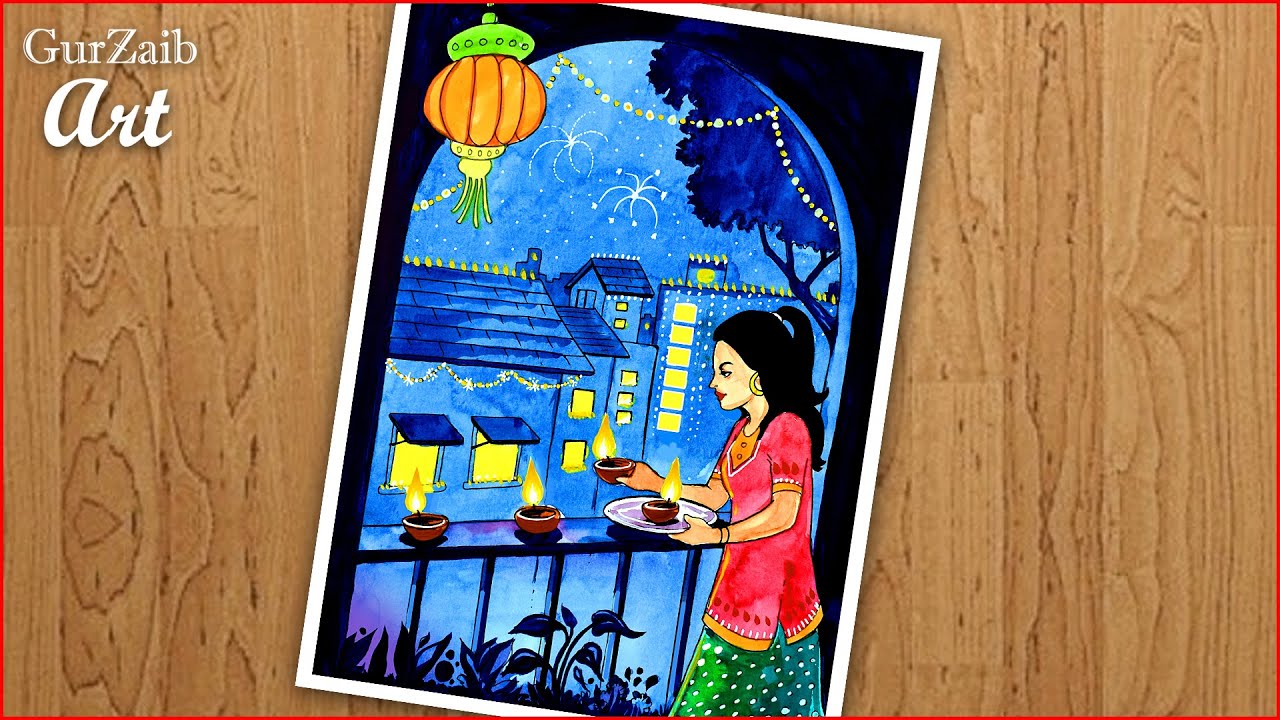 Diwali Drawing for Beginners || Easy Diwali Painting with water Colours || Indian festival drawing