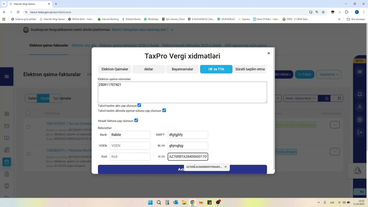 Təhvil təslim aktı və hesab faktura