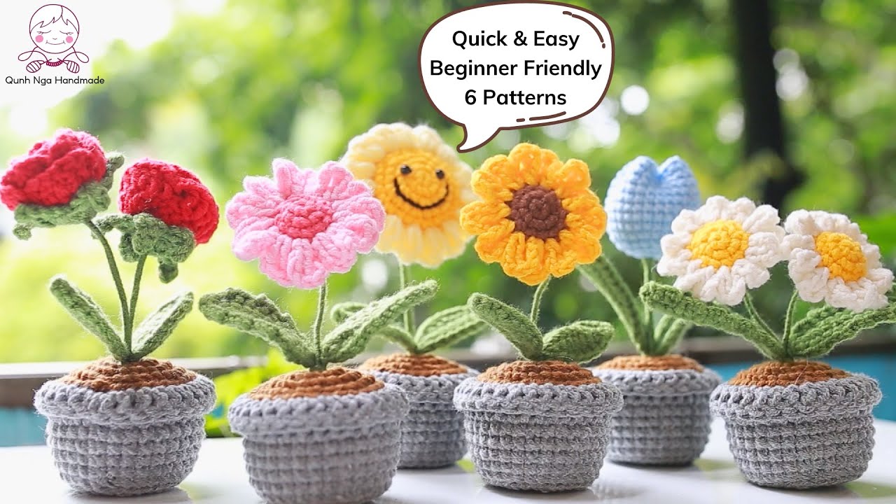 How To Crochet Flowers Pot with 6 Patterns | Crochet Tutorial for Beginner