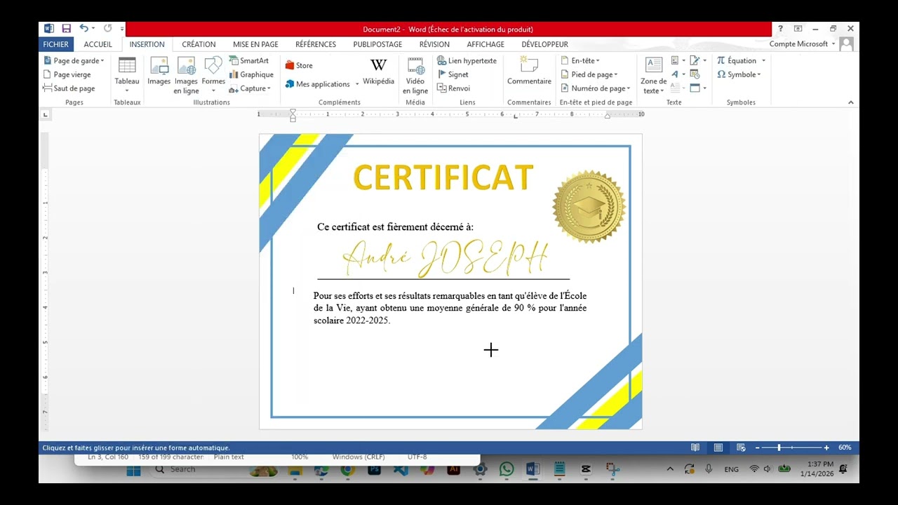 Réalisée un Modèle simple de Certificat sur MICROSOFT WORD