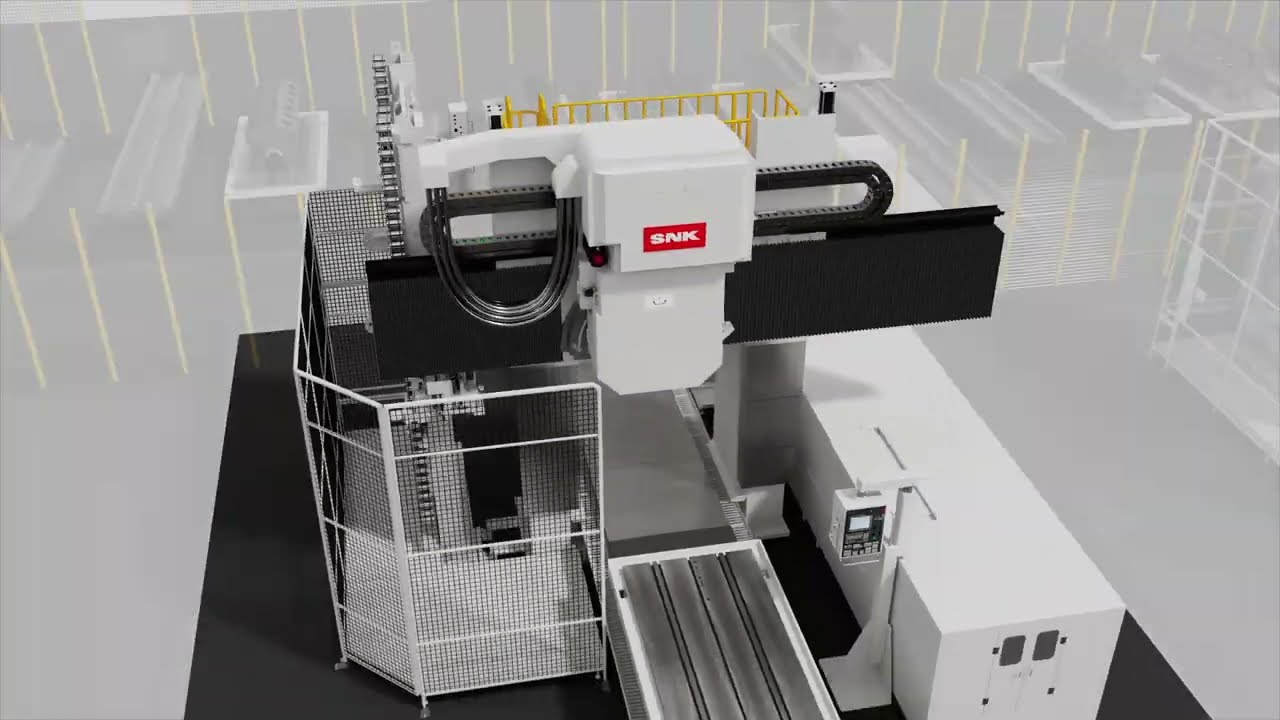 SNK/新日本工機　V型エンジン シリンダーブロック加工はこの機械にお任せください。門型5面マシニングセンタHFシリーズ　クイルスイベル付