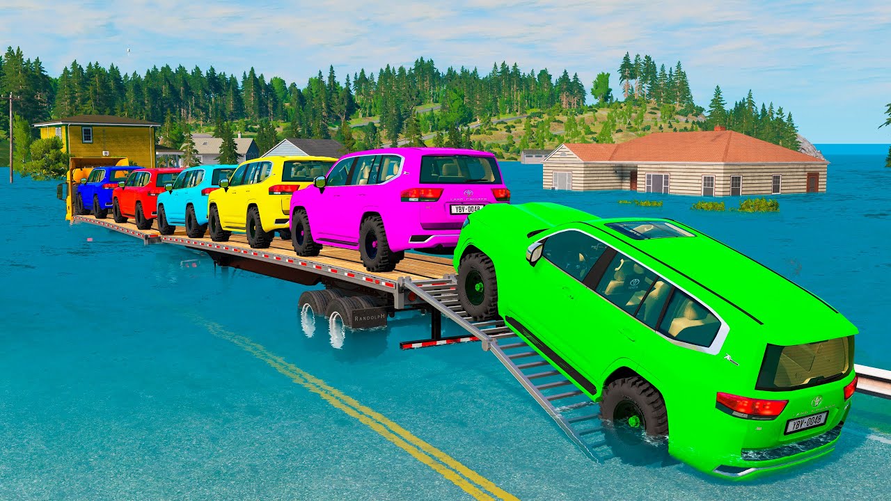 Triple Flatbed Trailer McQueen Transportation with Truck - Speedbumps vs Cars vs Train - BeamNG #261