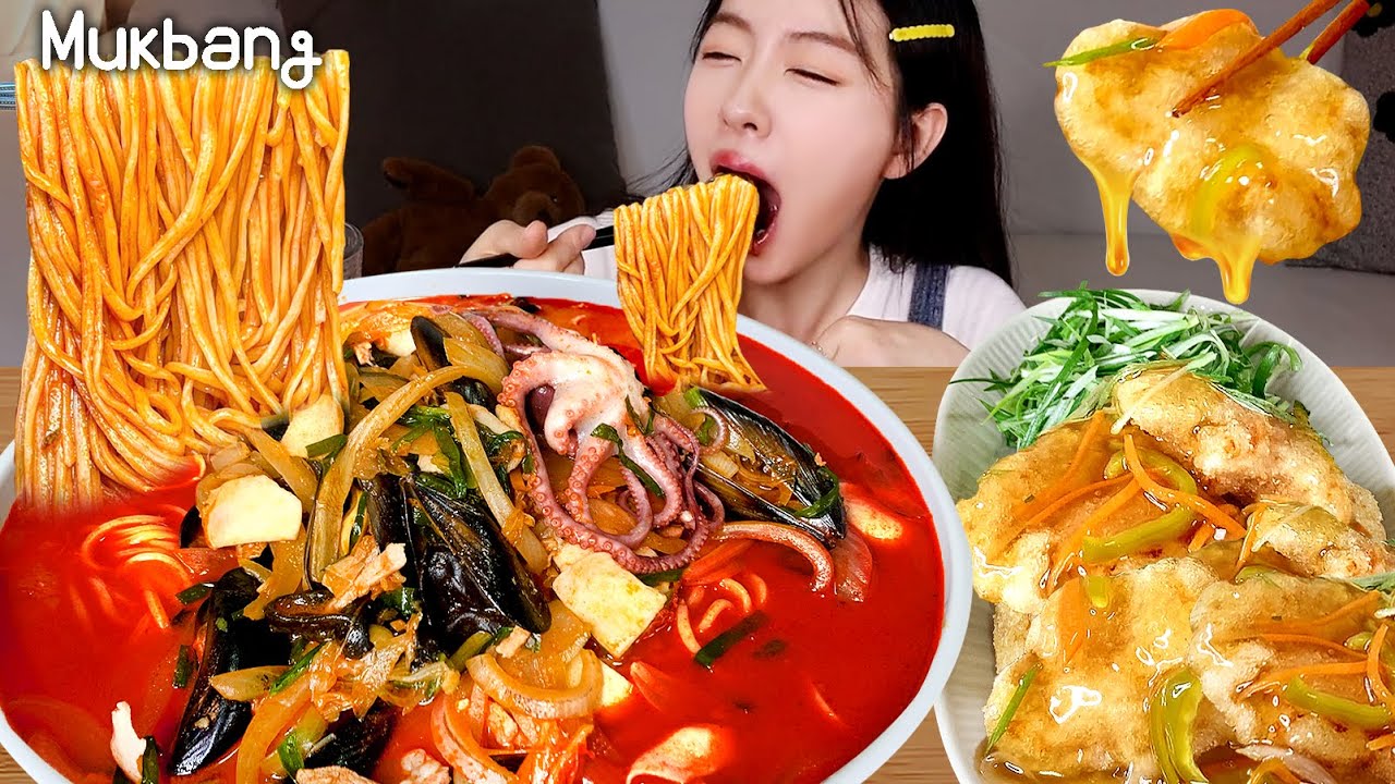 Spicy seafood noodles and sweet & sour porkㅣEATING SHOWㅣREAL SOUND MUKBANGㅣ