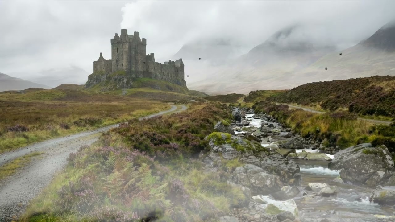 Scottish Highlands Castle Ambience – Celtic Music, Rain & Flowing Stream Sounds for Relaxation