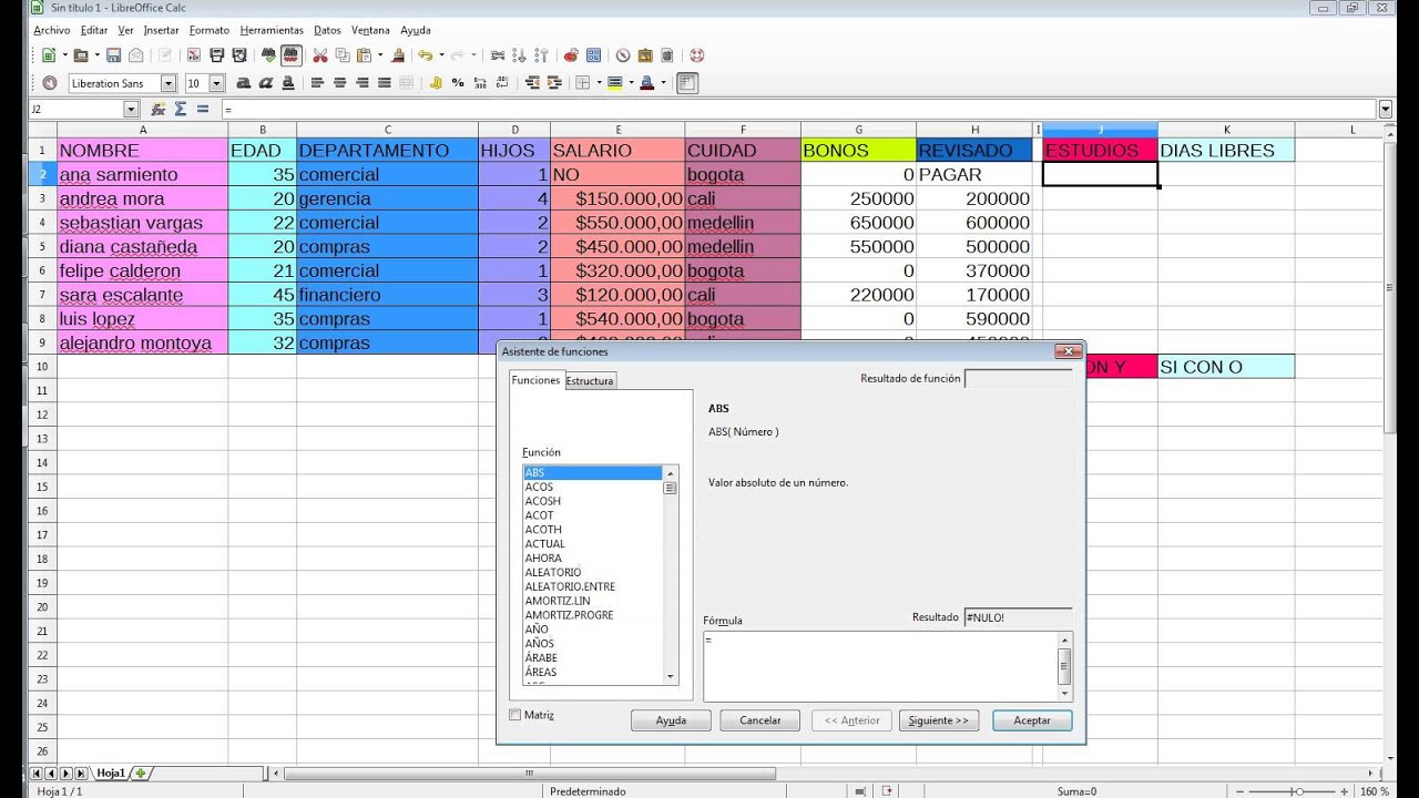 Calc- Funciones con Si y anidadas con Y y con O