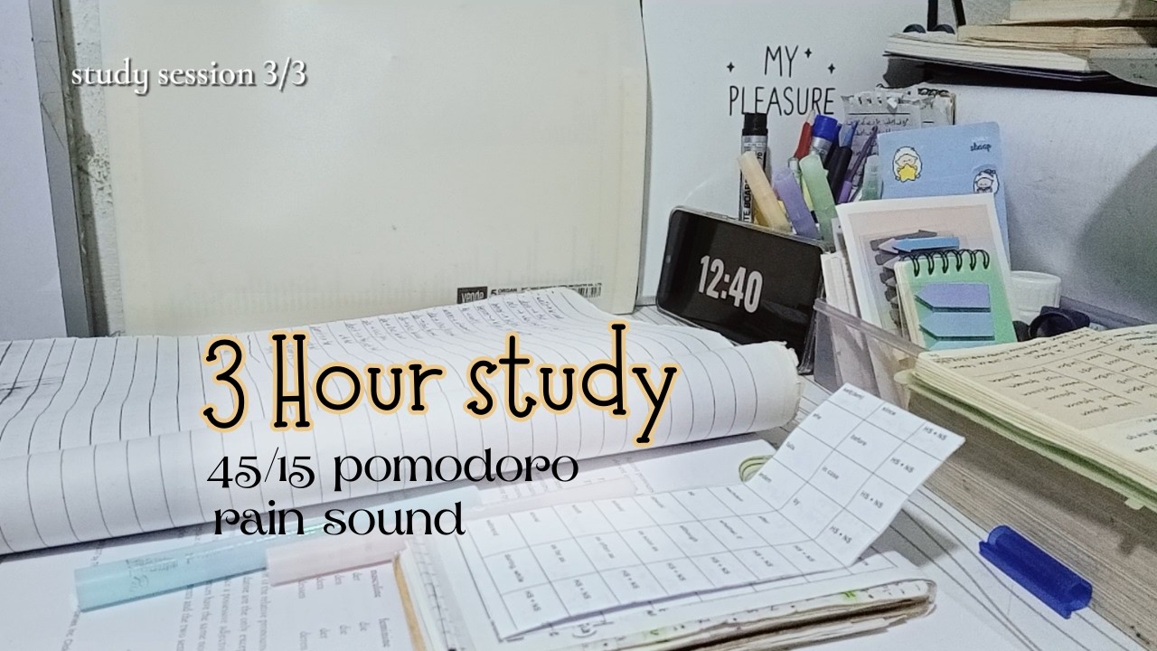 ☔ 3 Hour Study With Me  | 45/15 Pomodoro | Rain Sounds | No Music