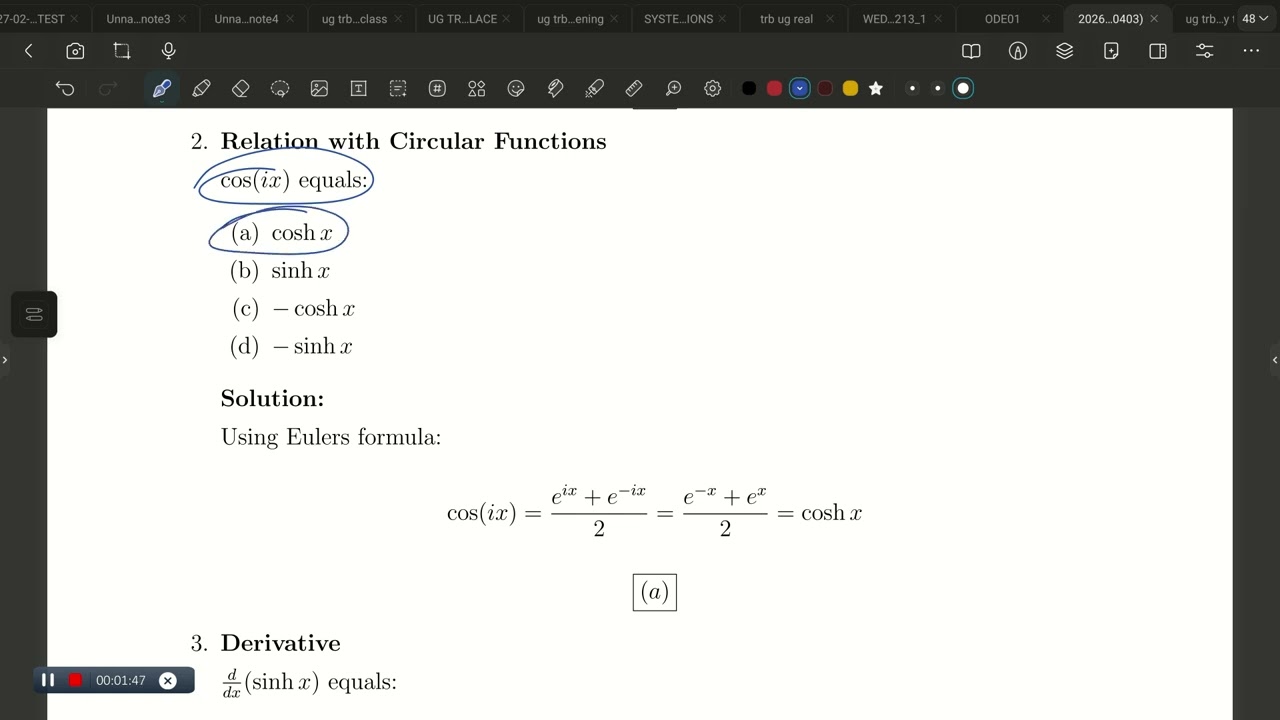 Ug trb mathematics hyperbolic function related MCqs con:9384686847