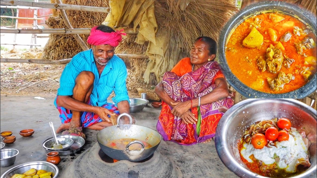 santali tribe grandmaa cooking DOHI CHICKEN CURRY & SHAK VAJI for their lunch