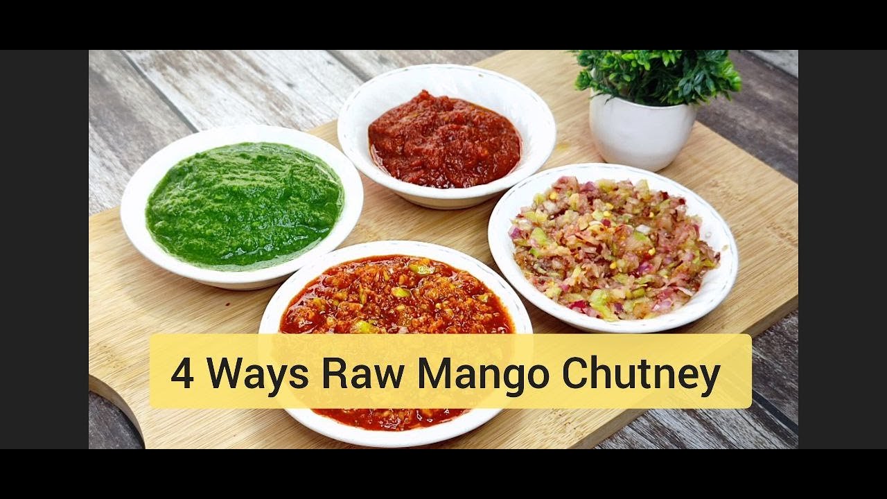 4 Ways Raw Mango Chutney - Khatti Meethi chutney | Green chutney | Onion chutney | Garlic chutney