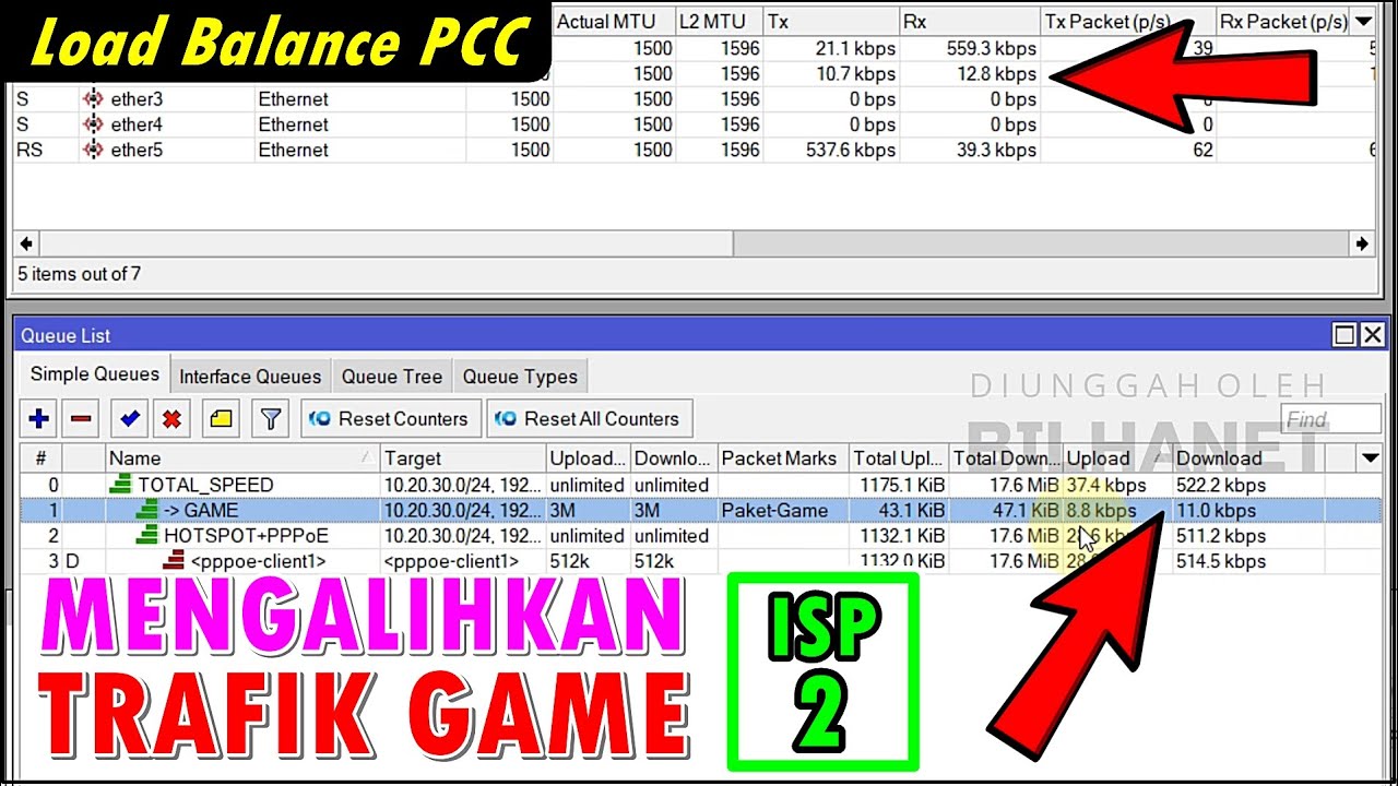Routing Game ke ISP 2 dan Pisah Trafik dengan Simple Queue di LB PCC