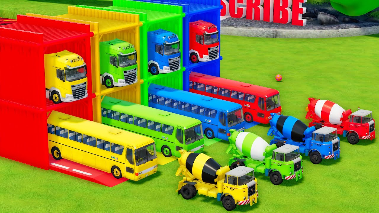 Garage with Colors - ALL MIXER TRUCK WITH DOUBLE FLATBED TRAILER TRUCK, DAF, LIZARD, SKODA - FS22