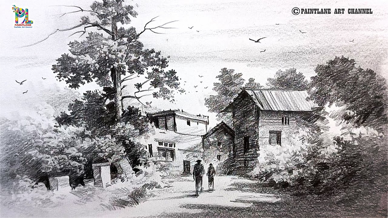 How to draw Trees and bushes in Village Street Nature Art by Pencil