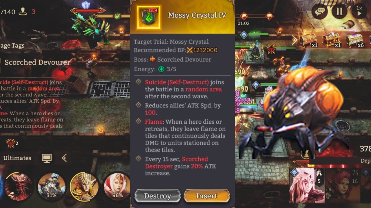 Lvl 4 Gold Mossy crystal / Self-Destruct / Scorched Devourer / Malrik's Halls of Illusion