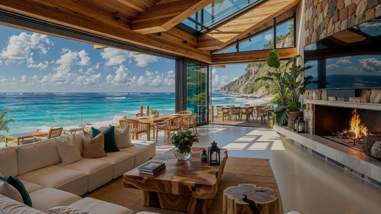 Cafe Lounge Morning Relaxing In Seaside - Calm Jazz Piano Music & Wave Sounds For Focus, Work, Study