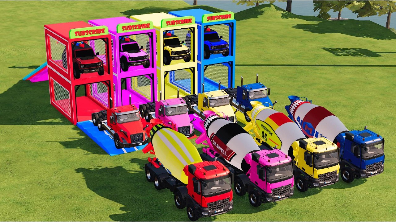 Garage with Colors - ALL MIXER TRUCK WITH DOUBLE FLATBED TRAILER TRUCK