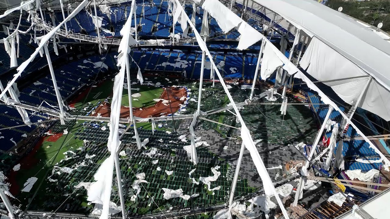 Drone Footage Of The Roof Ripped Off Tropicana Field, Tampa, FL