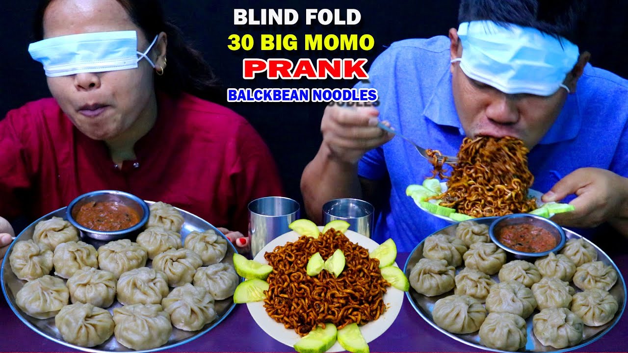 BLIND FOLD 30 BIG MOMO CHALLENGE AND PRANK 🥟🥵 WITH BALCK BEAN NOODLES @HamroSathi @tham_thapa
