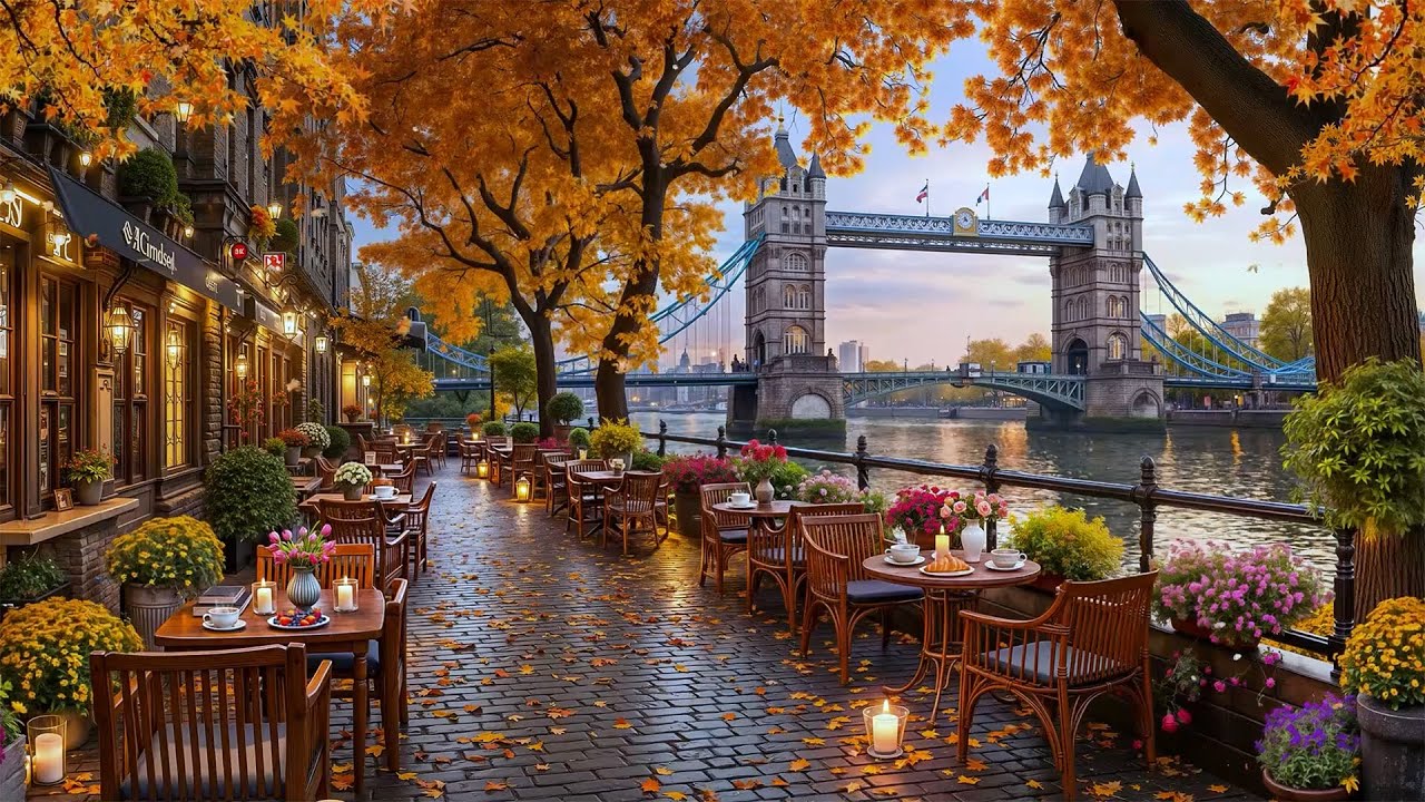 Cozy Riverside Café in London’s Autumn Breeze | Smooth Jazz & Coffee Ambience