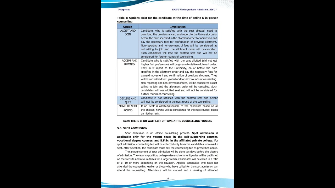 TNJFU UNDERGRADUATE COURSES 2026-27 PROSPECTUS