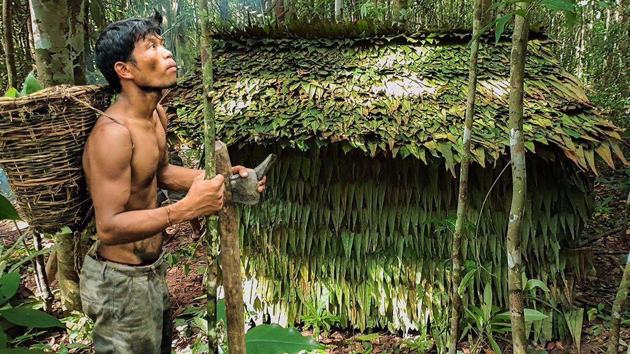 Primitive Technology, Build houses in the forest using the leaves of trees - Leaf roof