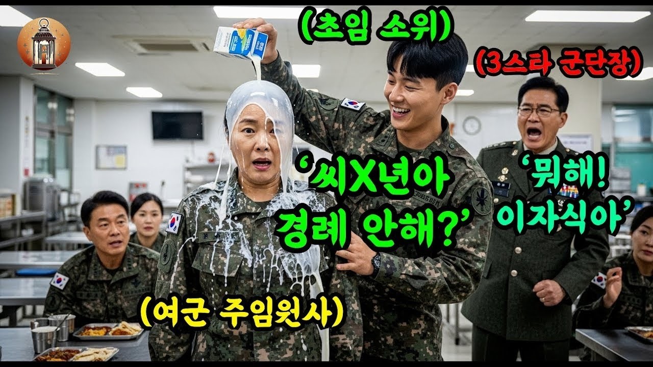 주임원사에게 '미쳤어? 경례안해?' 라며 우유를 뿌린 신임 여군 소위   그 모습을 본 쓰리스타 군단장은 여군의 군복을 갈기갈기 찢어버리고 개박살내는데
