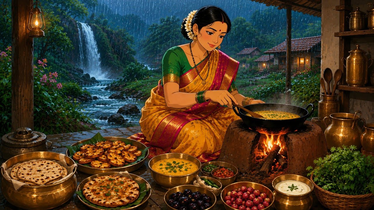 1990s Peaceful Rainy Day in India  | Village Life | Pithla Bhakri,Puran Poli | Ghibli Style ASMR