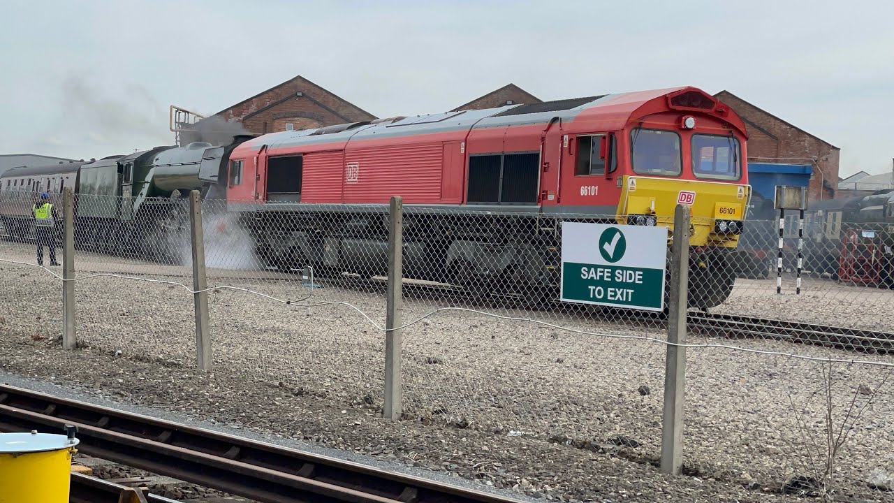 DB 66101 Pulls 60103 Flying Scotsman 4472 Away from Alstom Sidings #thegreatestgathering #railway200