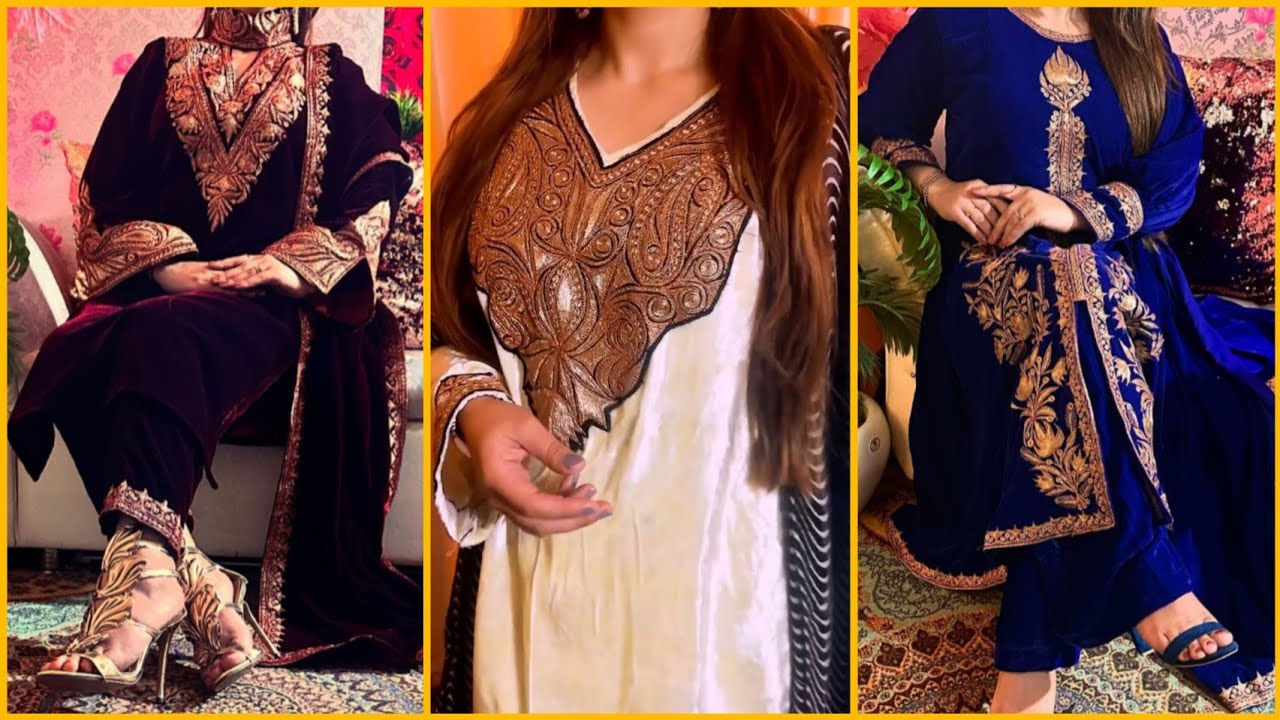 Kashmiri designer winter outfits 🍁 || velvet tilla suits || bridal tilla suits || pheran style suits