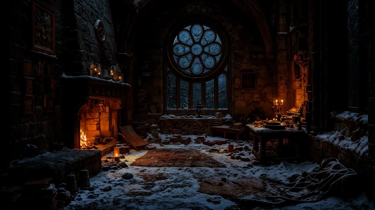 Abandoned Wizard Tower — Crackling Fire & Winter Storm | Dark Fantasy Ambience