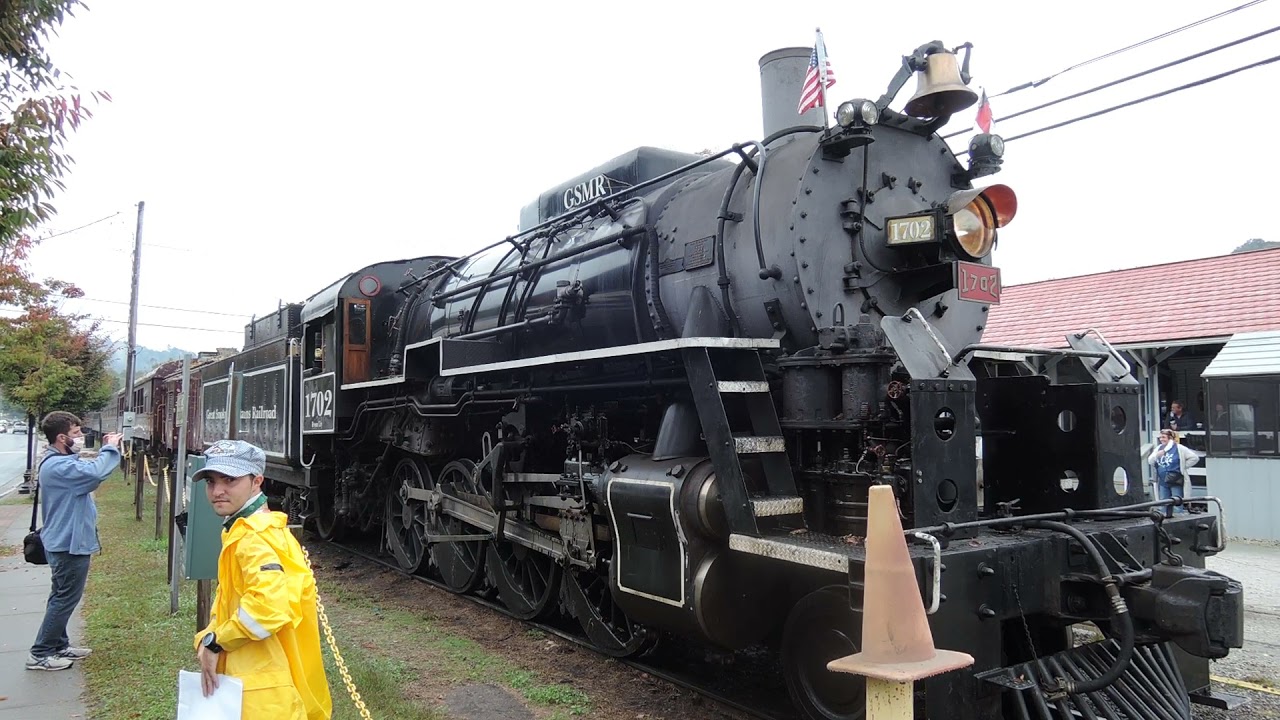 Great Smoky Mountain Railroad, Bryson City, NC October 2020. Locomotive #1702 leads consist.