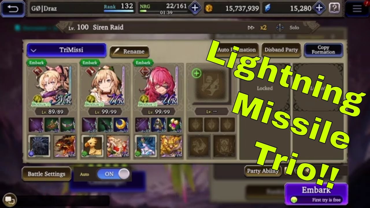 Lightning Missile Trio Ahlim, Frederika and Niv'lu auto-complete level 100 siren raid!!!