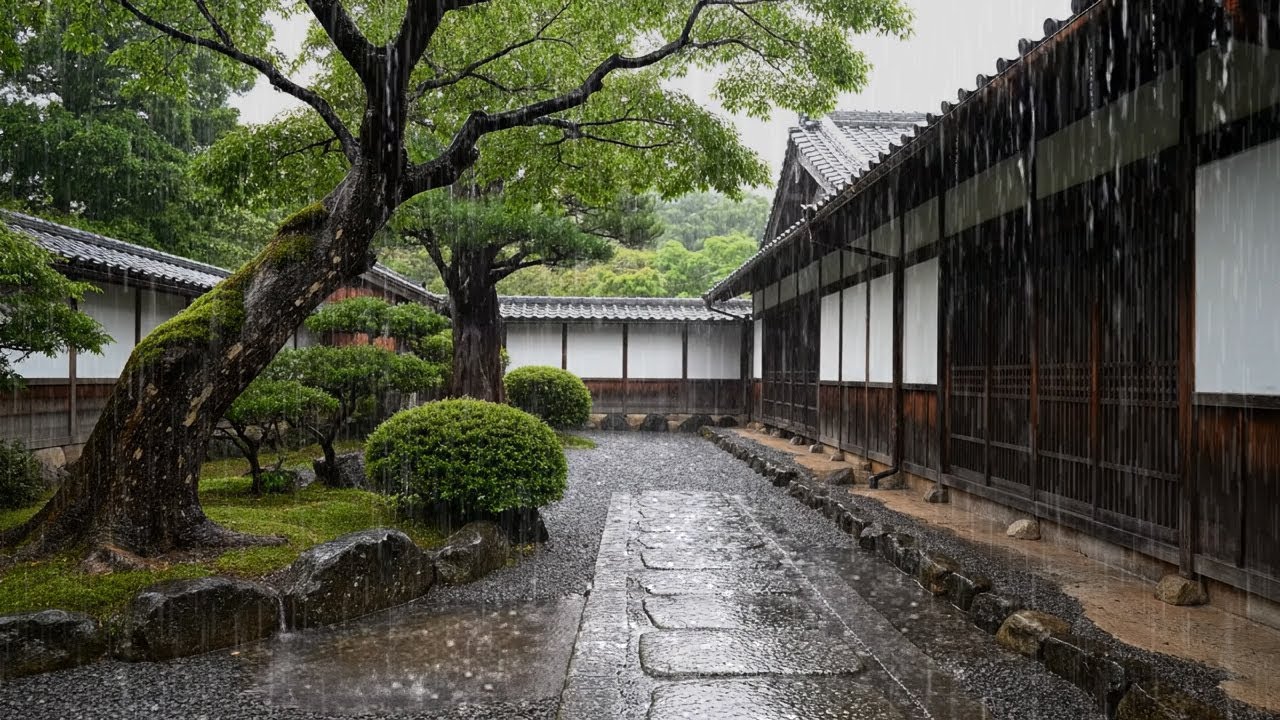 비 내리는 전통 정원, 젖은 마당에 내리는 기분좋은 빗소리