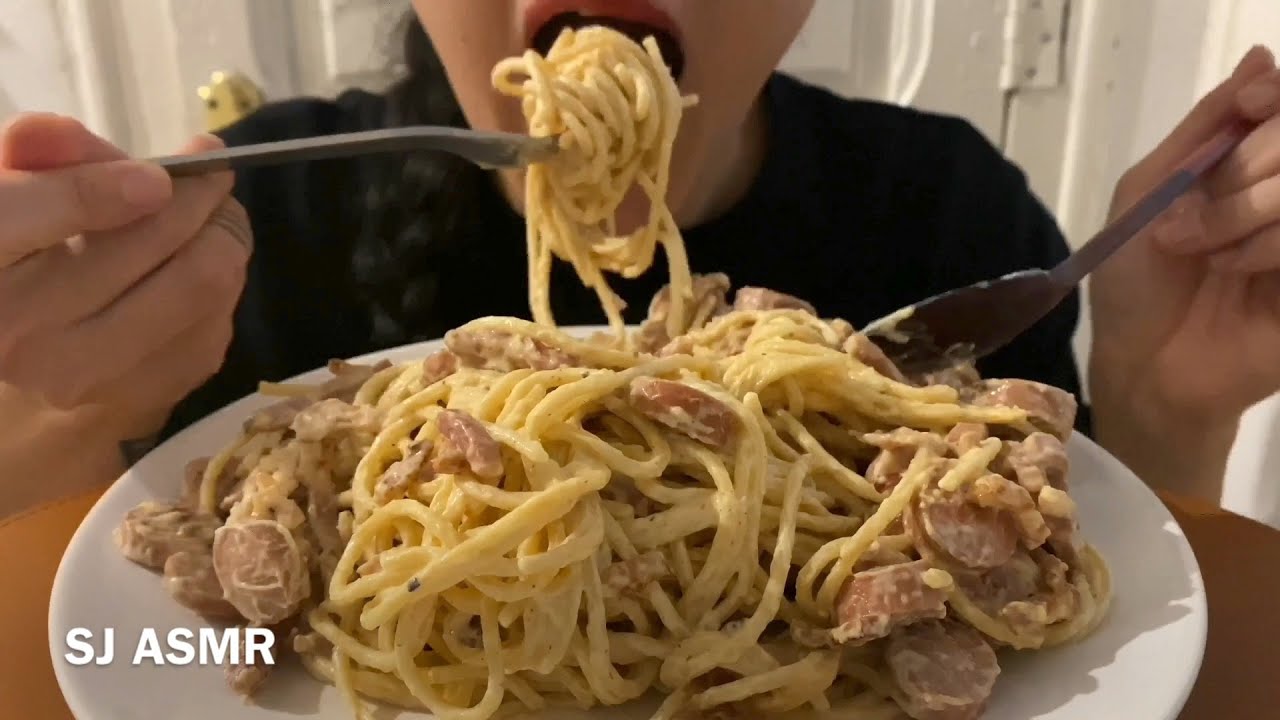SUB) ASMR BIG BITES CREMY BACON & SAUSAGES SPAGHETTI PASTA / EATING SOUND MUKBANG 먹방/ NO TALKING