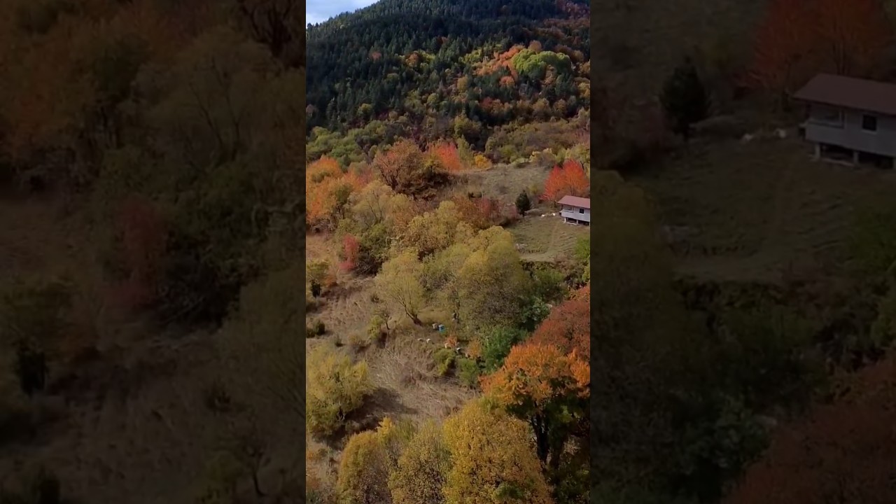Scenic Autumn Mountain Drone Video Footage Aerial view over Peshtera Village, Rhodope Mountains