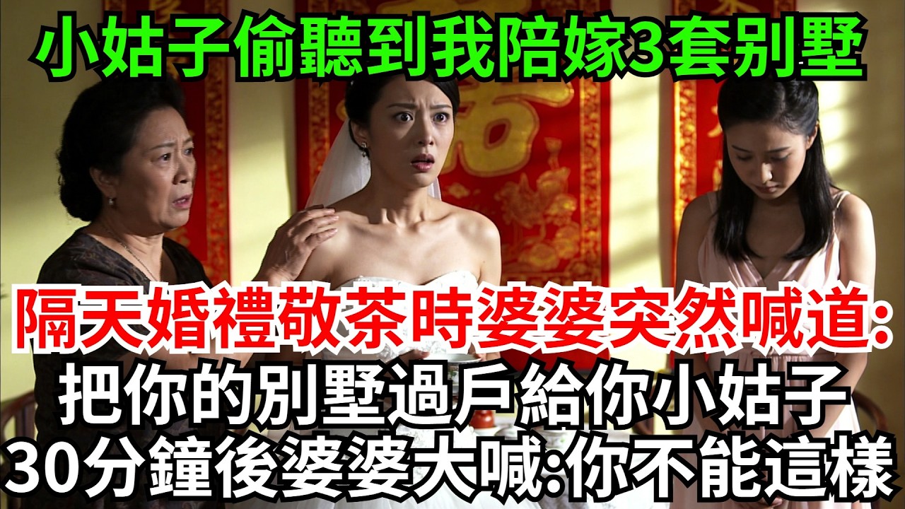 婚禮前小姑子偷聽到我陪嫁了3套別墅，隔天婚禮敬茶時婆婆突然喊道:把你的別墅過戶一套給你小姑子，否則我家你就別想進門!我冷笑撥打1電話，30分鐘後婆婆大喊:你不能這樣!#完結故事#爽文#婆媳關系