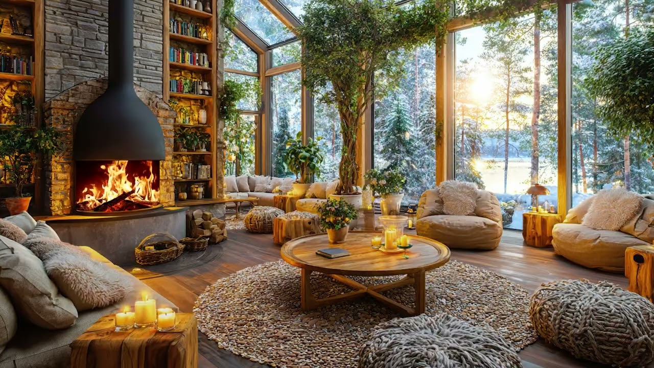 Warm Piano Music with Crackling Fireplace in a Cozy Living Room for Deep Relaxation and Sleep