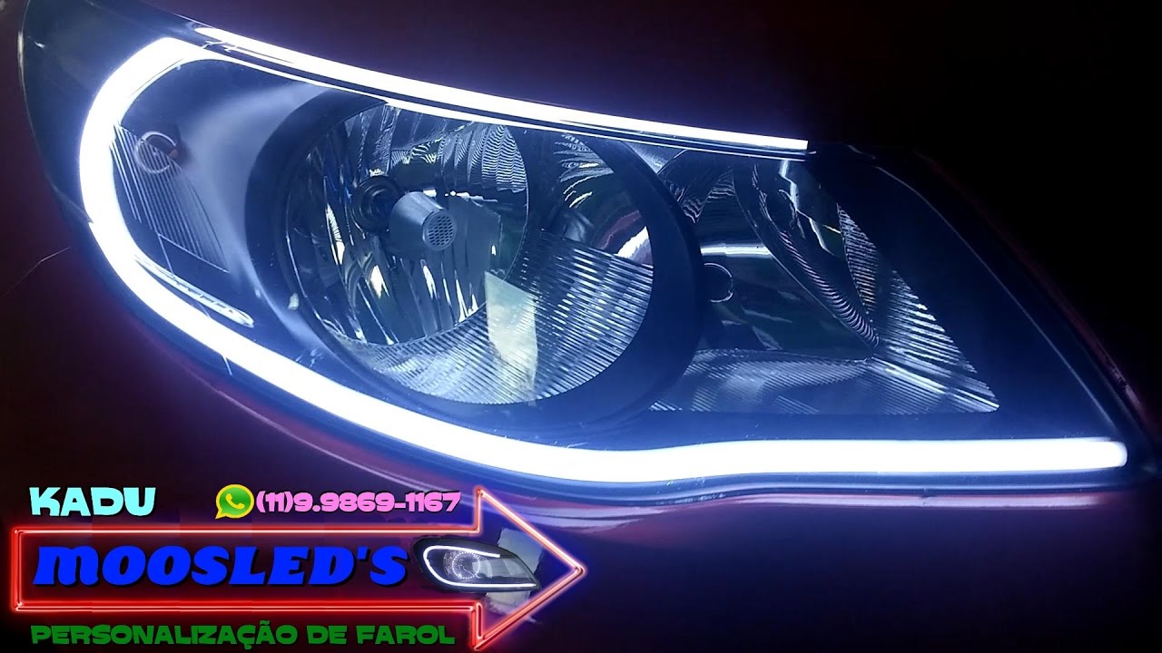 BARRAS DE LEDS NO FAROL DO GOL ou VOYAGE G5 COM DRL LUZ DIURNA E SIMBOLO WOLKSVAGEM DE LED