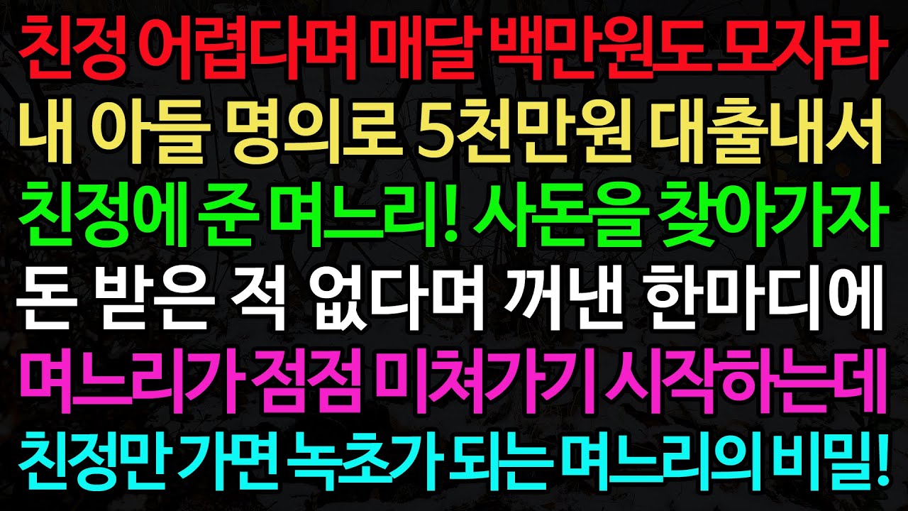 실화사연-친정 어렵다며 매달 백만원도 모자라 내 아들 명의로 5천만원 대출내서 친정에 준 며느리! 사돈을 찾아가자 돈 받은 적 없다며 꺼낸 한마디에 /노후/사연/오디오북/인생이야기