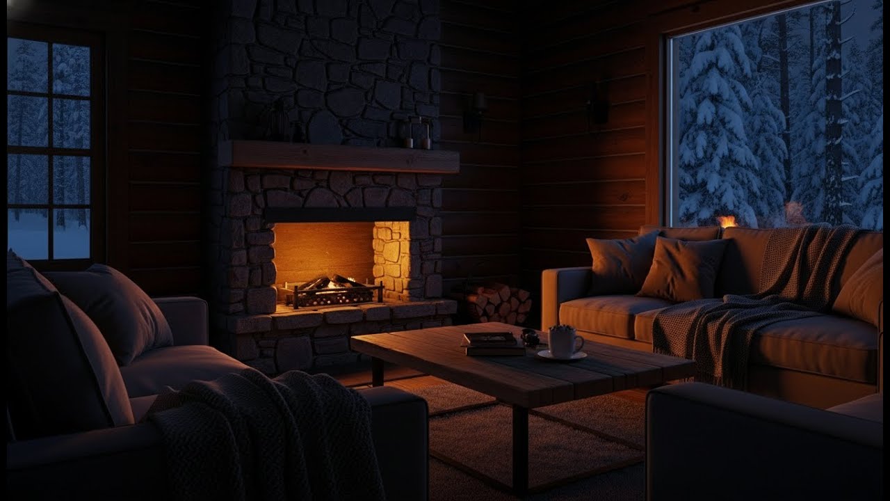 INSTANT Comfort Endless Crackling Fireplace + Beautiful Snowy Cabin View (White Noise)