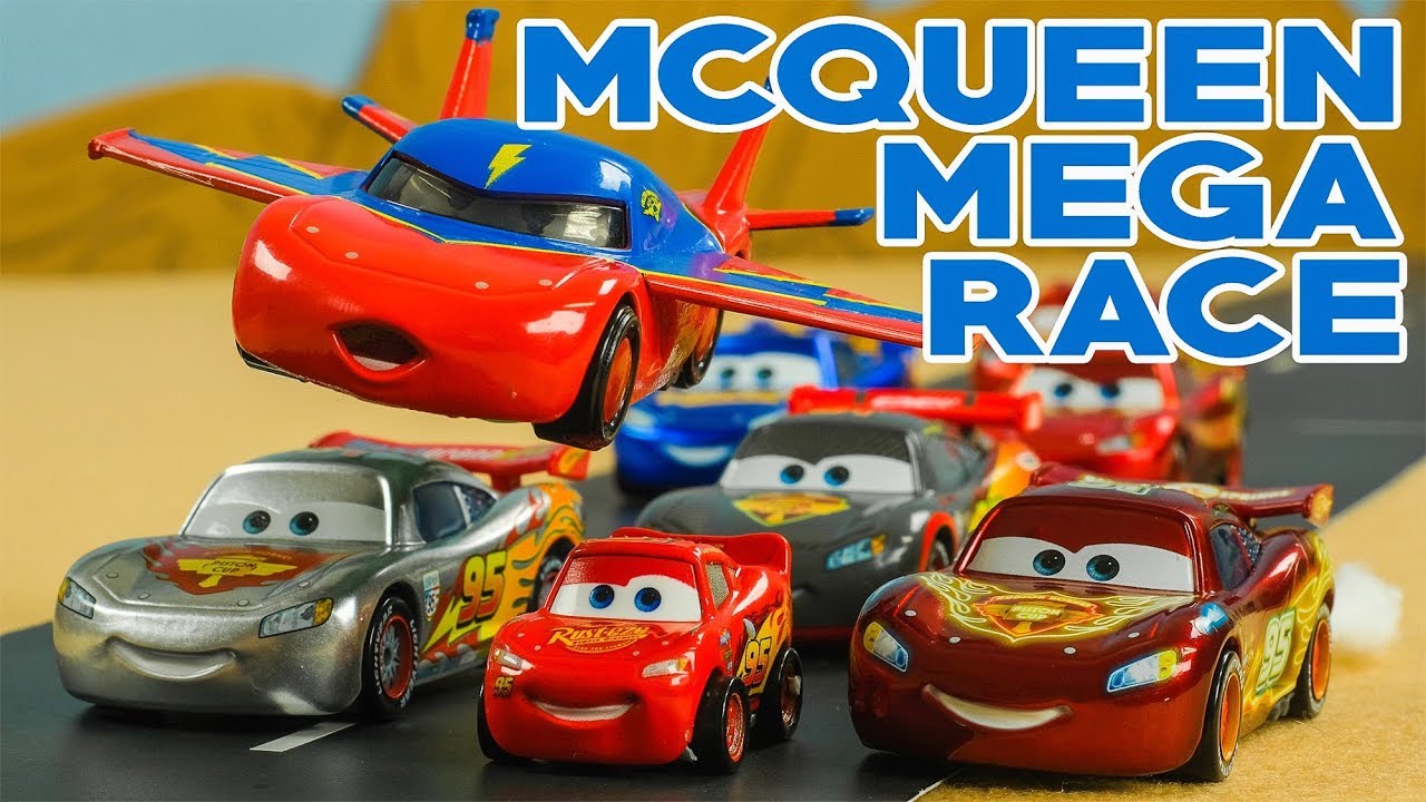 Who is the REAL McQueen? Lightning McQueen Mega Race Disney Cars fly and race