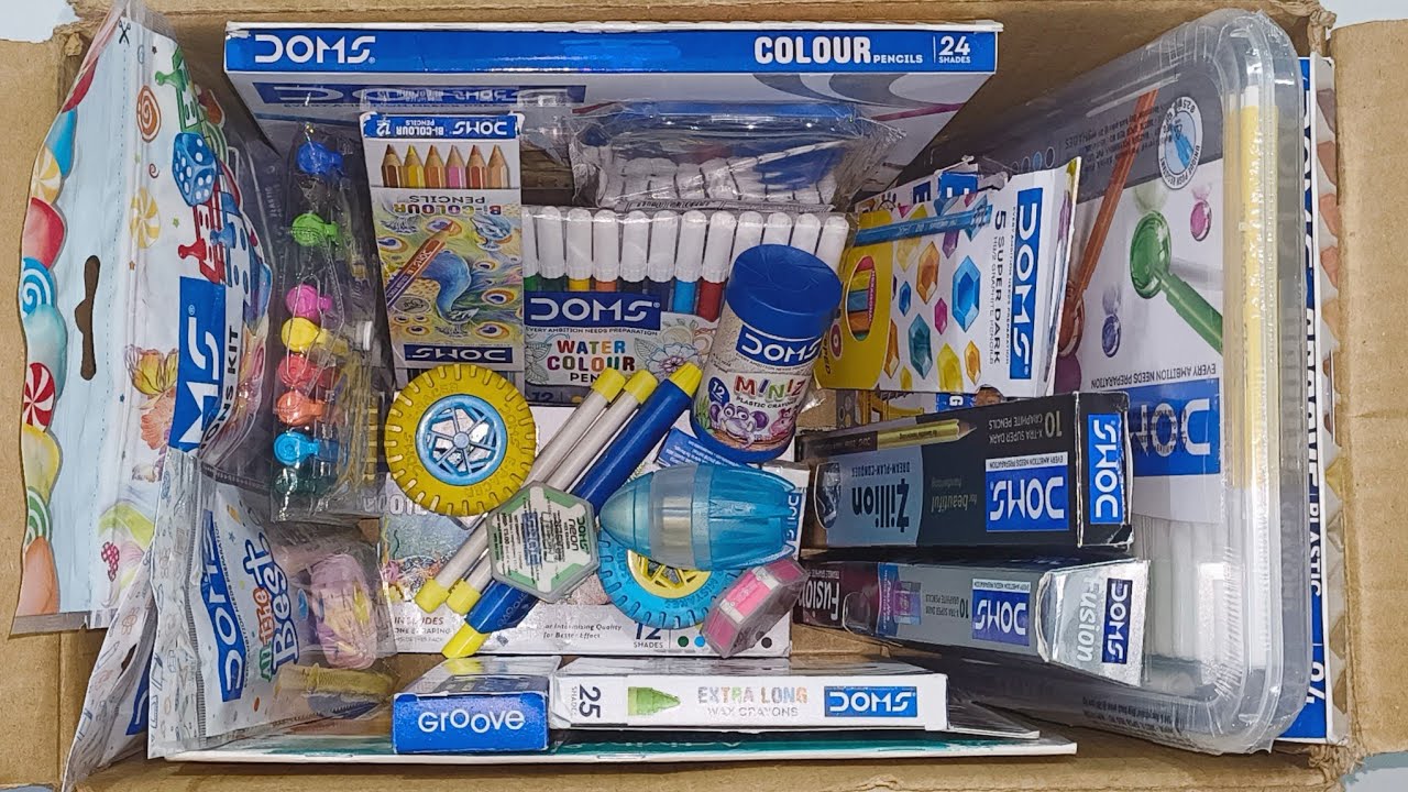 Box full of doms stationery items - stationery kit, water colours, oil pastels, color pencil, etc