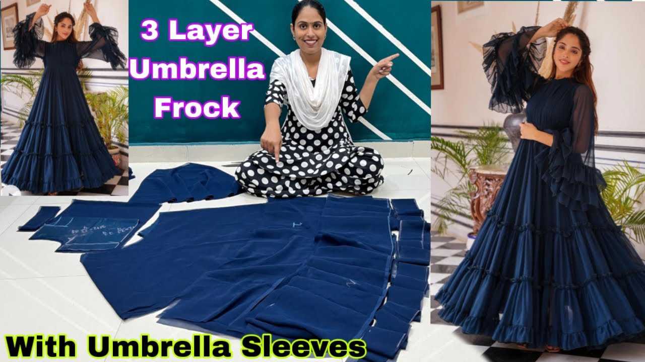 Three Layer Umbrella Frill Frock With Umbrella Sleeves Design Cutting / अंब्रेला फ्रॉक कैसे बनाएं