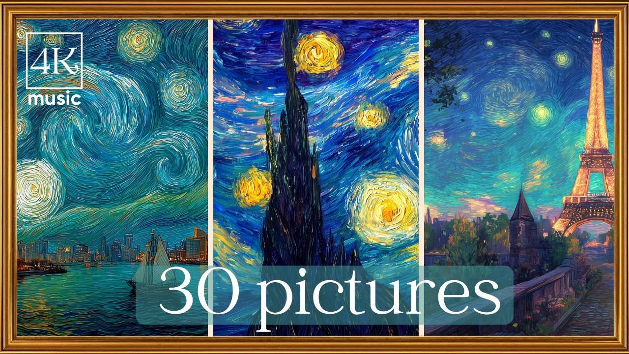 30 Vincent van Gogh – The Starry Night | Framed TV Art Screensaver | 4 Hours of Relaxing Music Loop