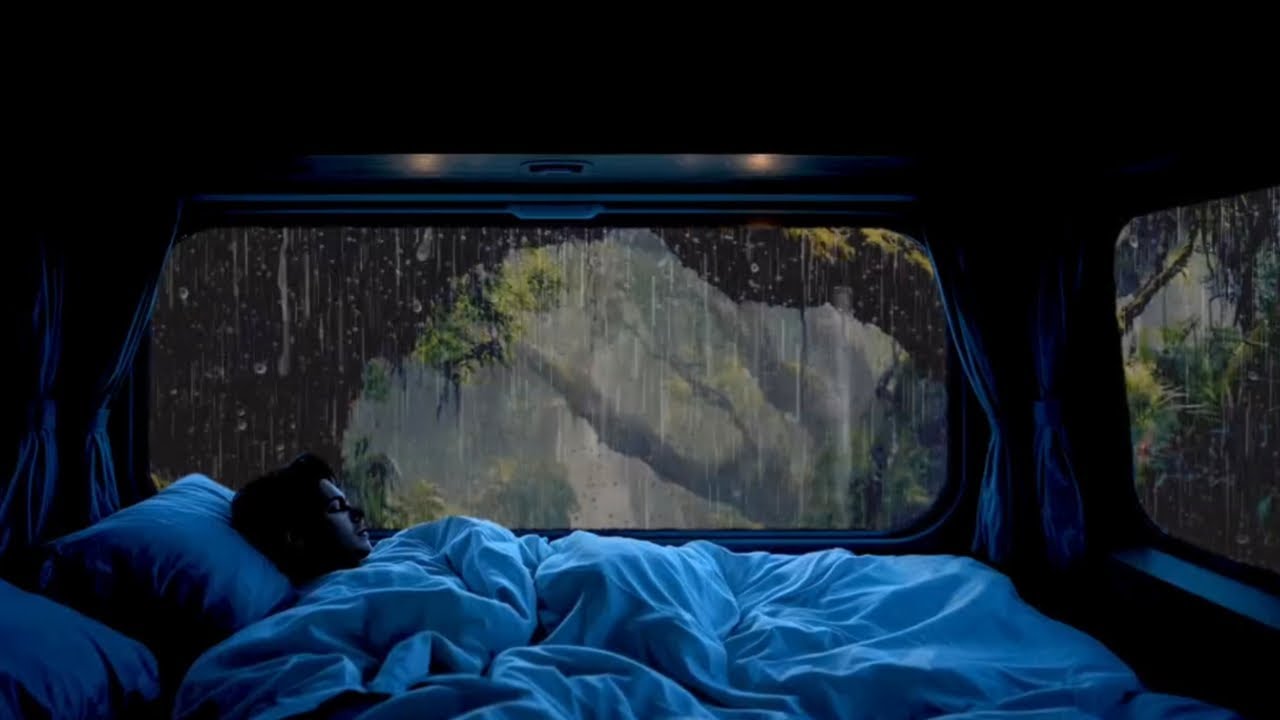 “Calm and Cozy Night Sleeping in a Car During Heavy Rain and Silence”