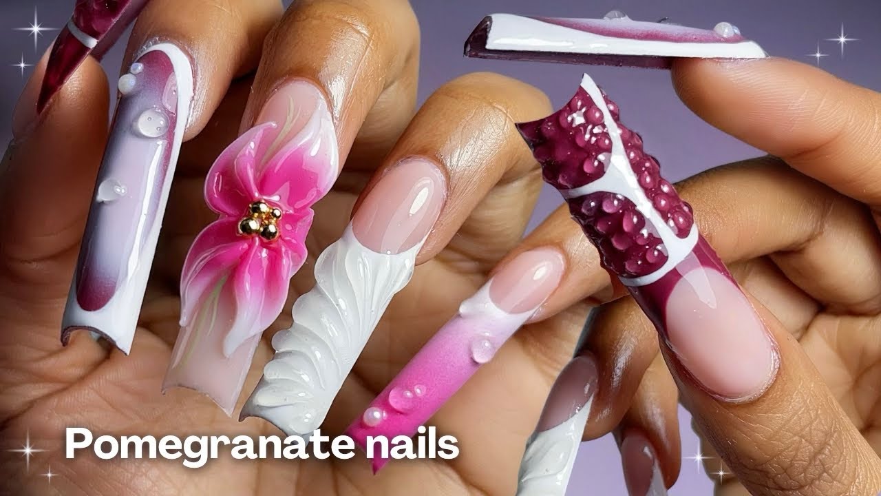 Pomegranate GelX Nails 🍇🌺🌿✨ How to apply gel x nails + 3d fruit nail art tutorial ✿ Spring Nails