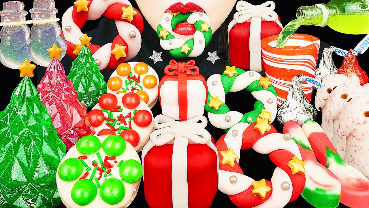 ASMR CHRISTMAS DESSERTS: EDIBLE TREE, GIFT BOX, WREATH, SPOON, JELLO, CHOCOLATE OREOS EATING MUKBANG