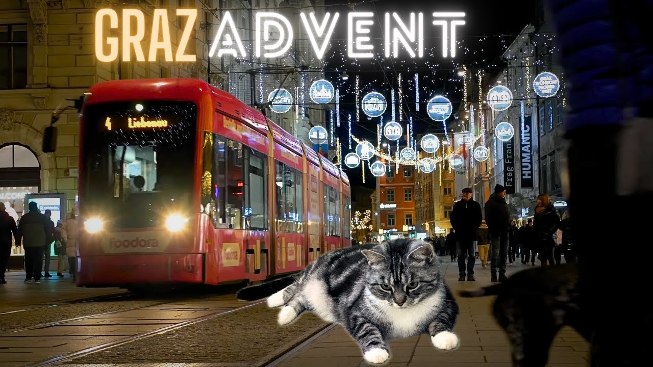Streets of Graz in Advent 2023, evening time, original audio, no voice over