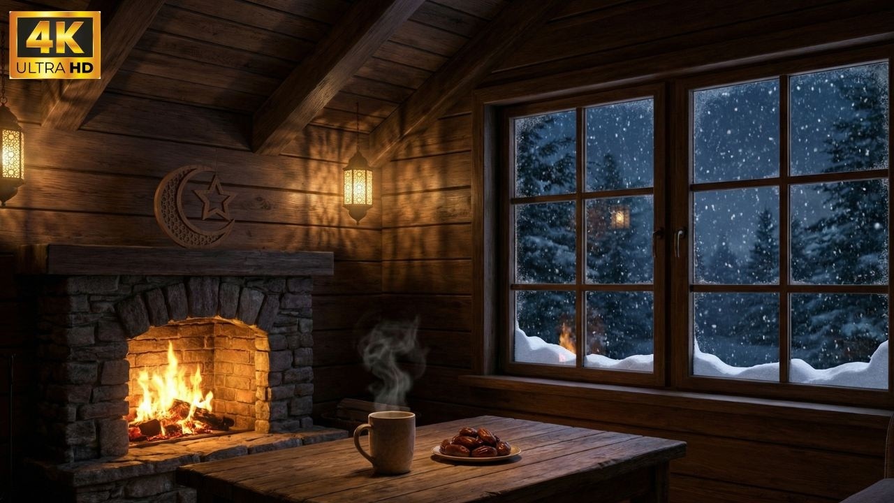 Ramadan Night 🌙 Fireplace & Snowfall Ambience for Deep Relaxation